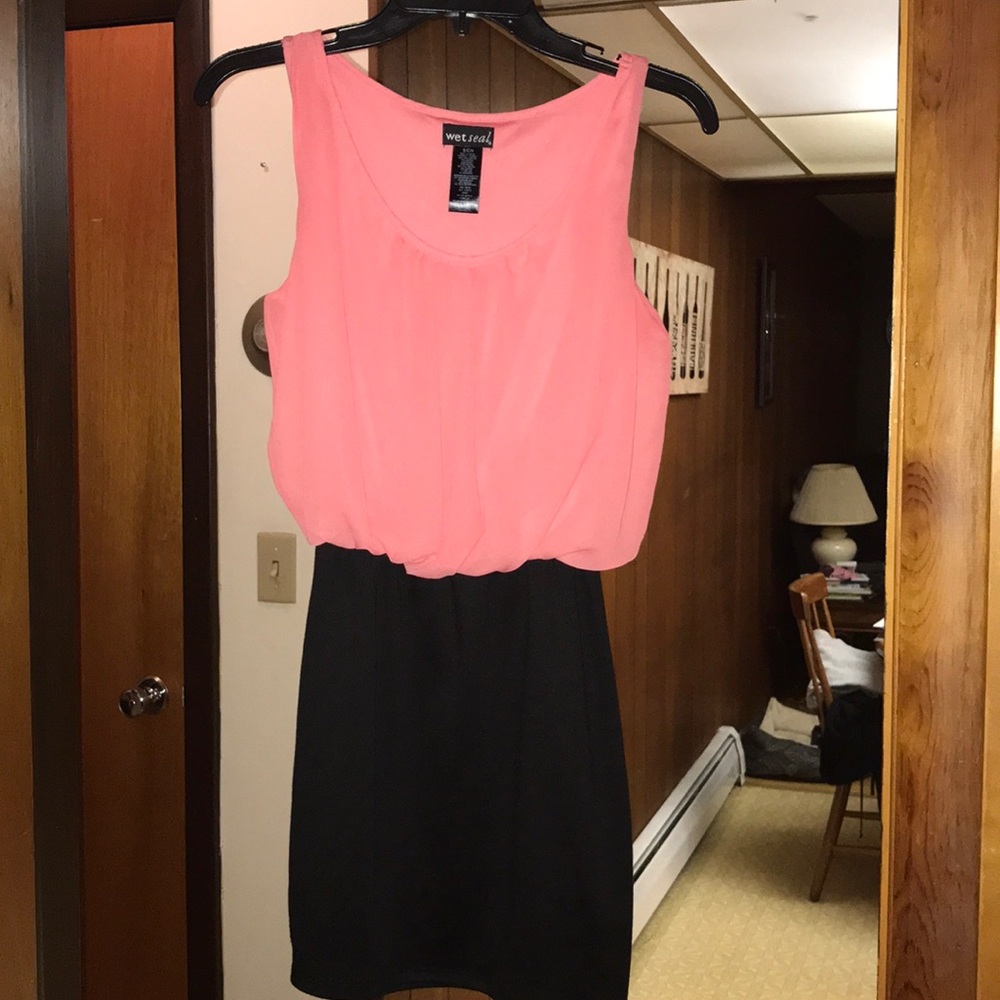 Peach and black mini dress